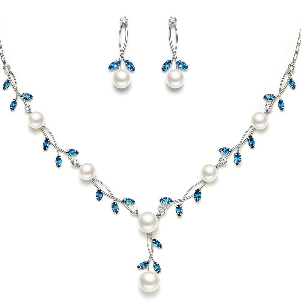 Wedding Pearl Jewelry for Bride CZ Crystal Simulated Pearls Floral Vine Filigree